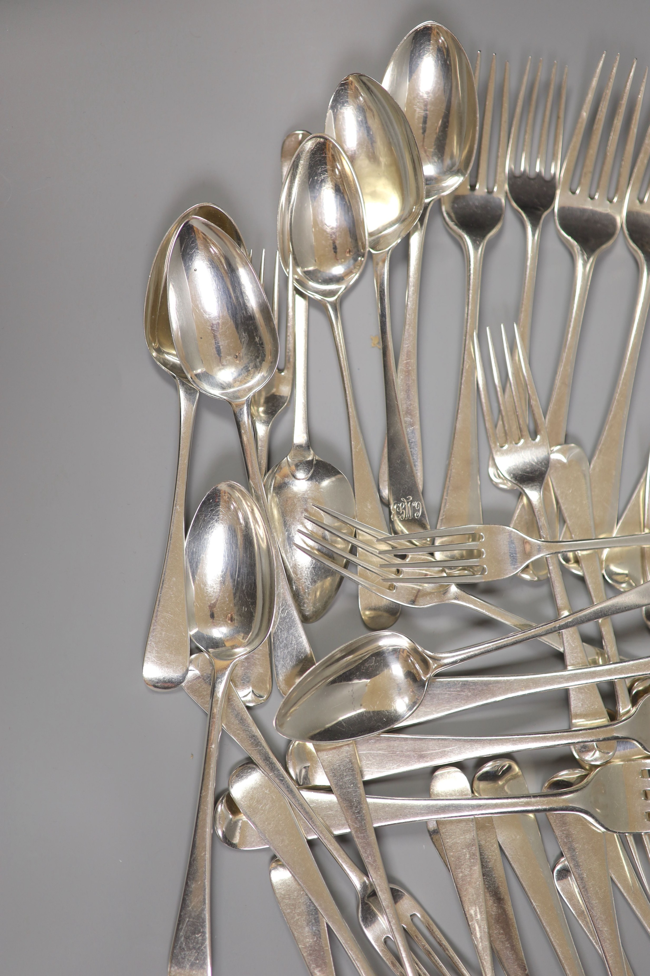 A matched part canteen of 19th century Old English pattern silver flatware, various dates and makers